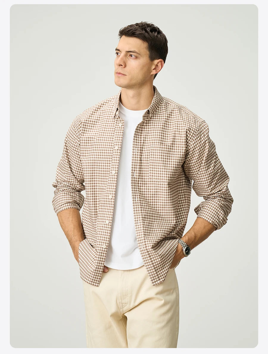 Men's Spring Oversize 170gsm Liquid Ammonia Finish 100% Cotton Fabric Checked Plaid Casual Shirt