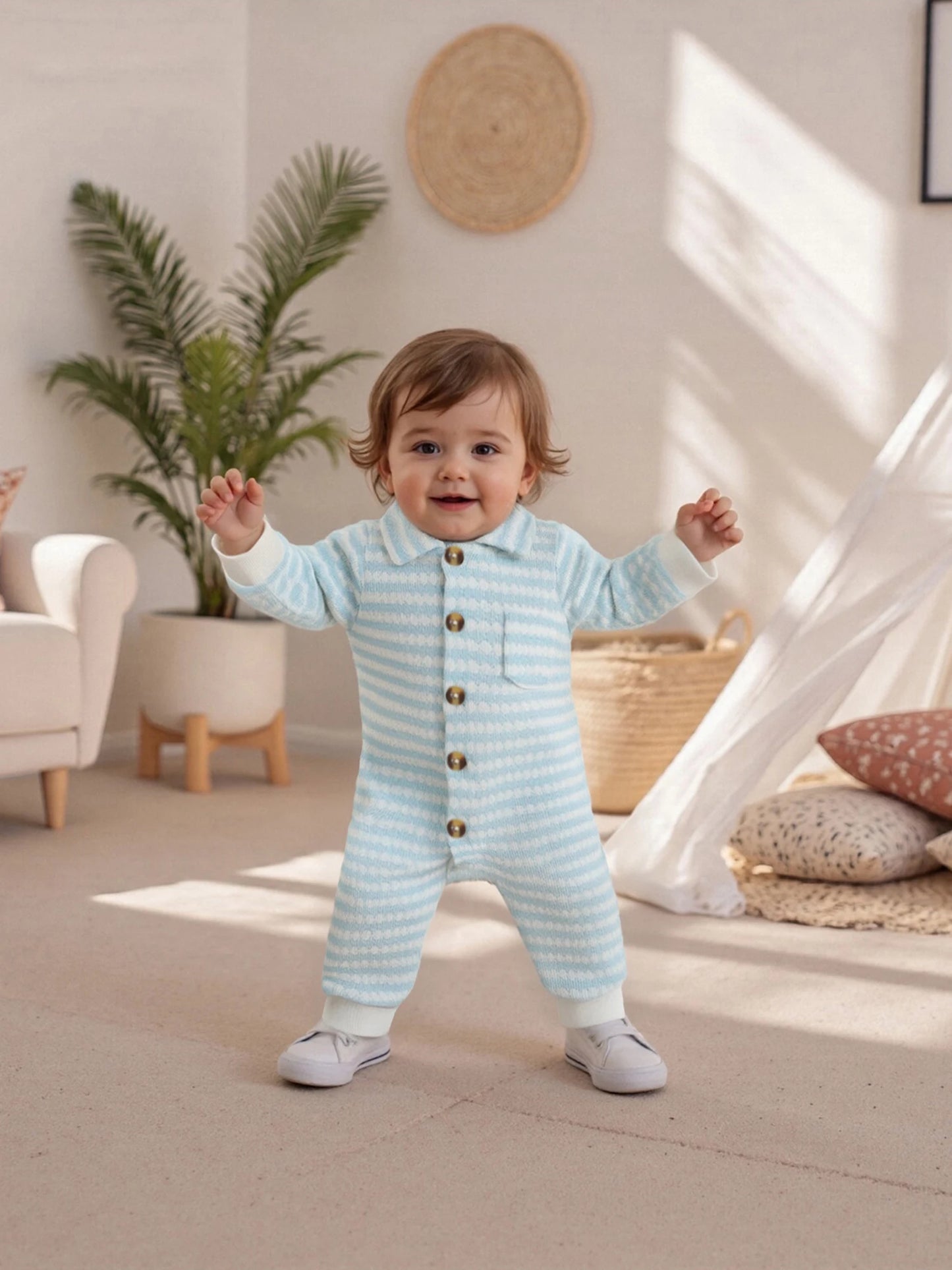 Newborn Baby Fall Winter Jumpsuit Set - Striped Turn-Down Collar Romper & Pants (0-18M)