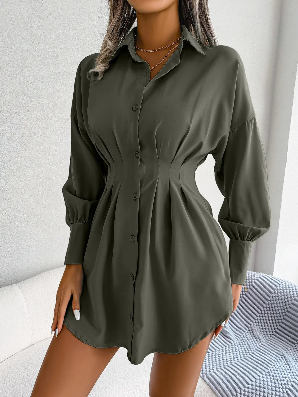 Women's Autumn Winter Casual Lantern Sleeve High Waist Asymmetric Dress Shirt Dress