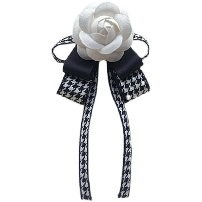 Fabric Camellia Flower Brooch - Ribbon Bow Tie Wedding Party Accessory