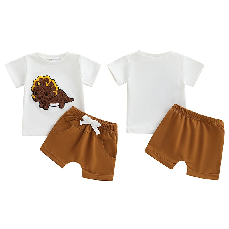 0-3Y Toddler Baby Boys Clothes Set Dinosaur Embroidery Short Sleeve T-shirts Solid Elastic Waist Shorts
