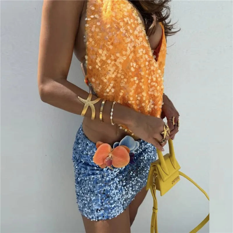 Women's Halter Deep V Neck Sequins Tank Cropped Top