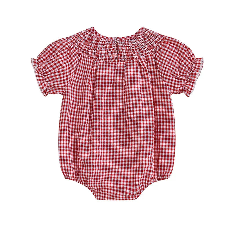 Baby Girls Independence Day Rompers - 3 Colors Letter Embroidery Plaid Print Short Sleeve Jumpsuits