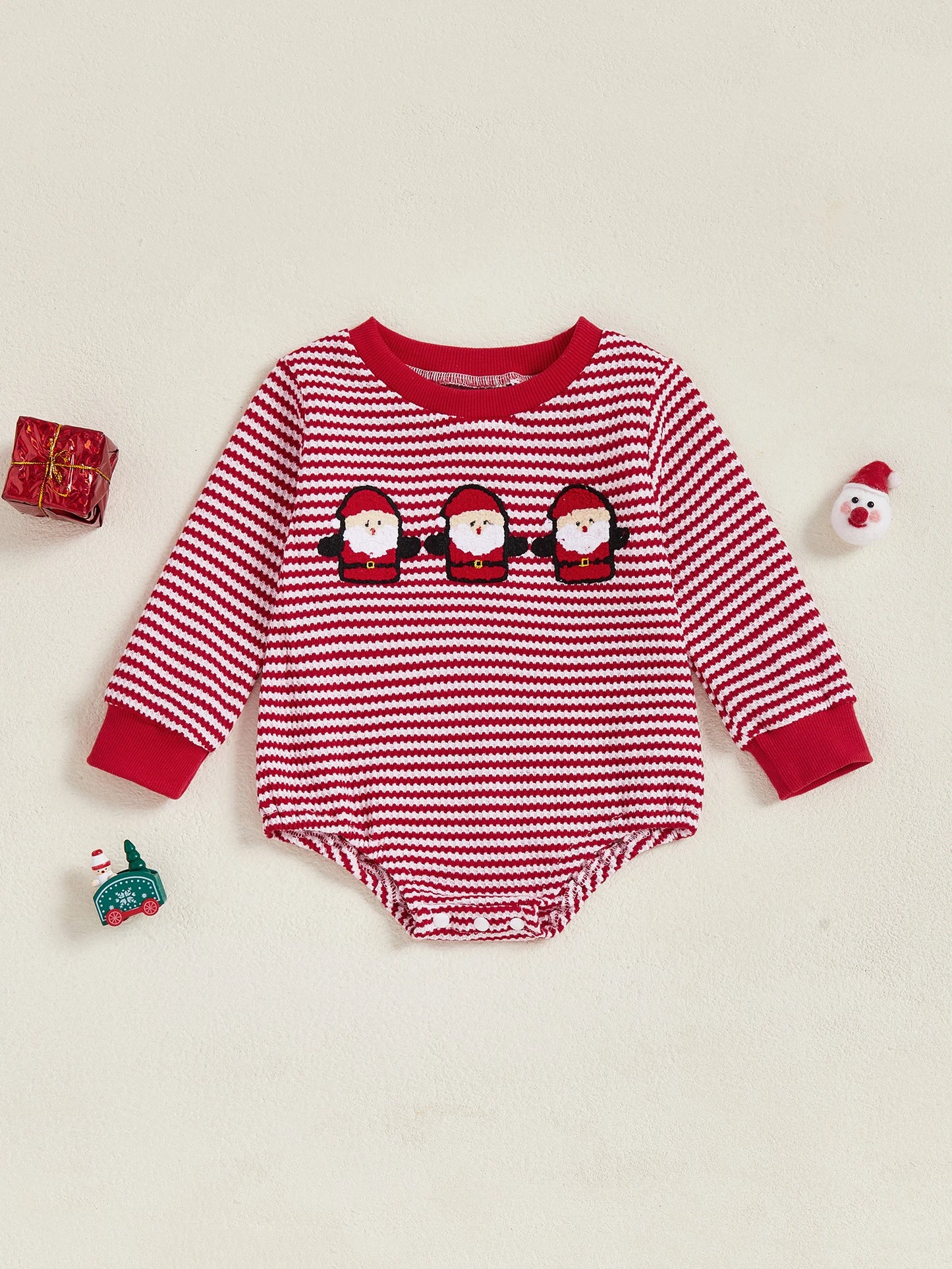 Baby Christmas Romper - Long Sleeve Stripes Print Xmas Embroidery Bodysuit