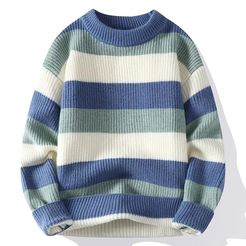 Men's Striped Round-Neck Casual Knit Pullovers Long Sleeve Knitted Sweater