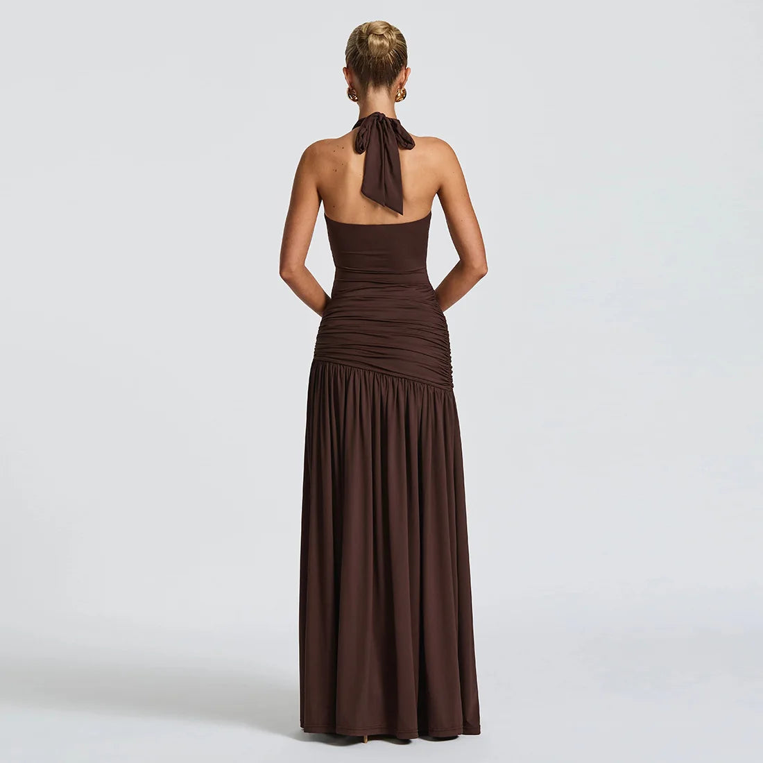 Women's Elegant Halter Ruched Split Maxi Dress - Sleeveless Backless Gown