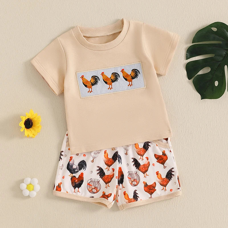 0-4Y Toddler Kids Boys Clothes Sets Rooster Embroidery Short Sleeve T-shirts Elastic Waist Shorts 2PCS