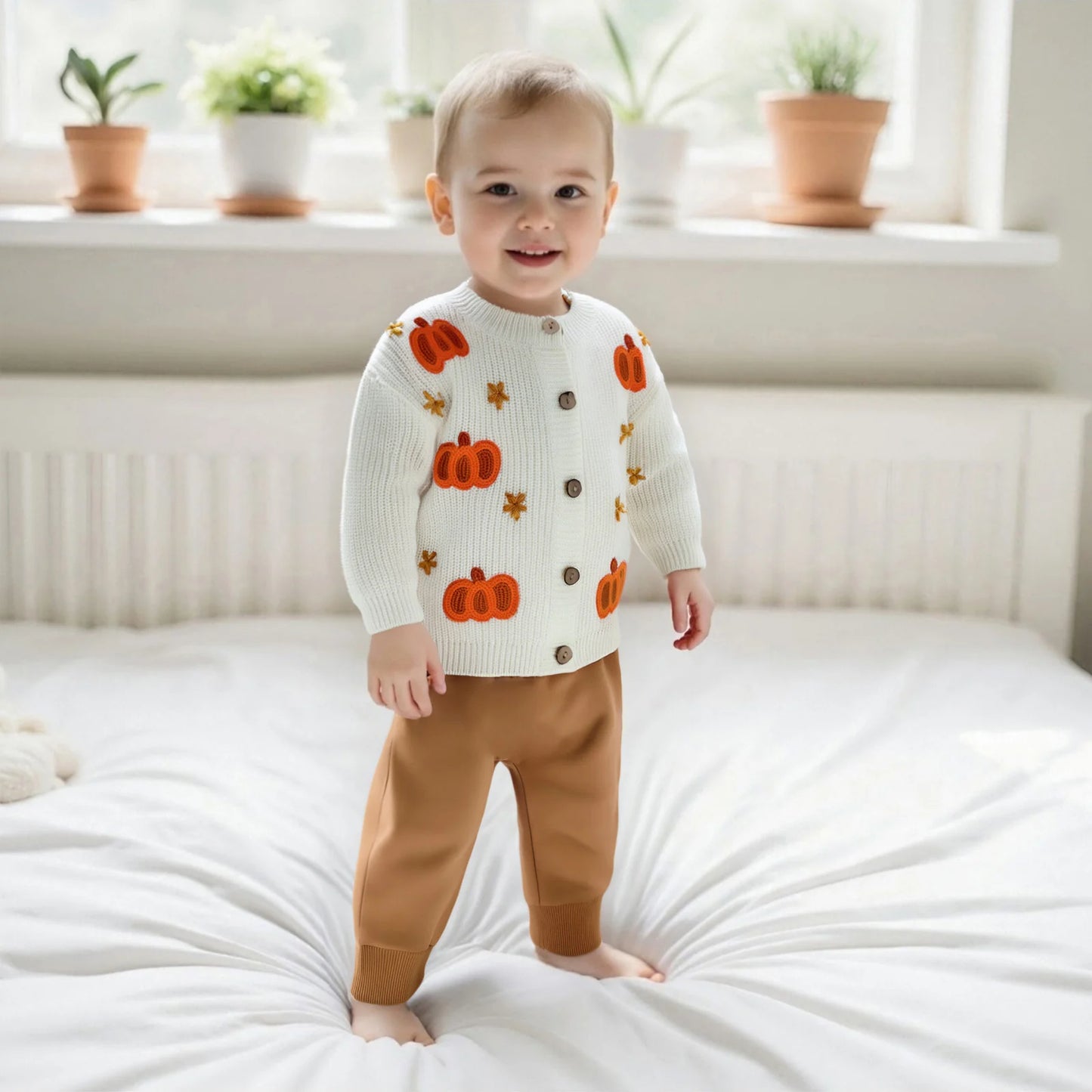 Toddler Halloween Cardigan - Pumpkin Embroidery Button Knit Sweater