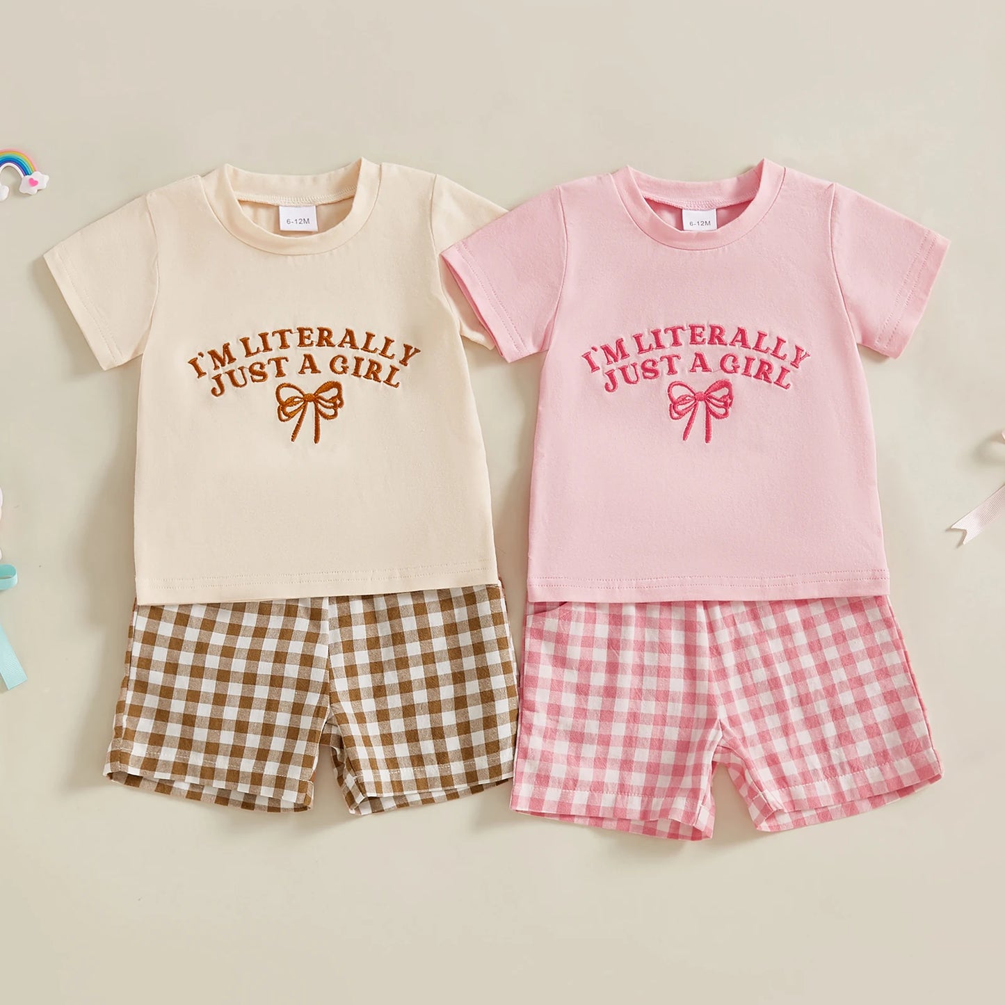 0-4Y Kids Girls Summer Clothes Sets 2pcs Outfits Short Sleeve Letter Bow Embroidery T Shirts Plaid Shorts Sets
