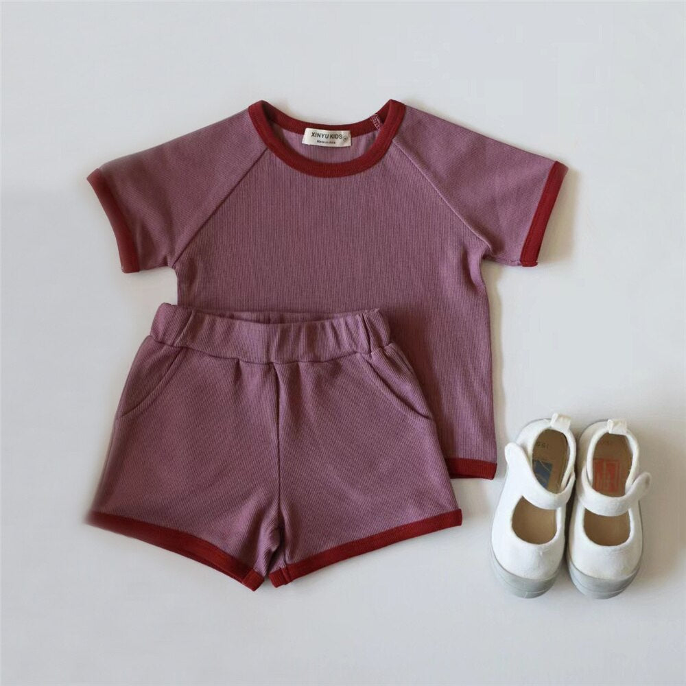 Baby's Ribbed Short Sleeve T-shirts and Shorts 2Pcs Outfits Set