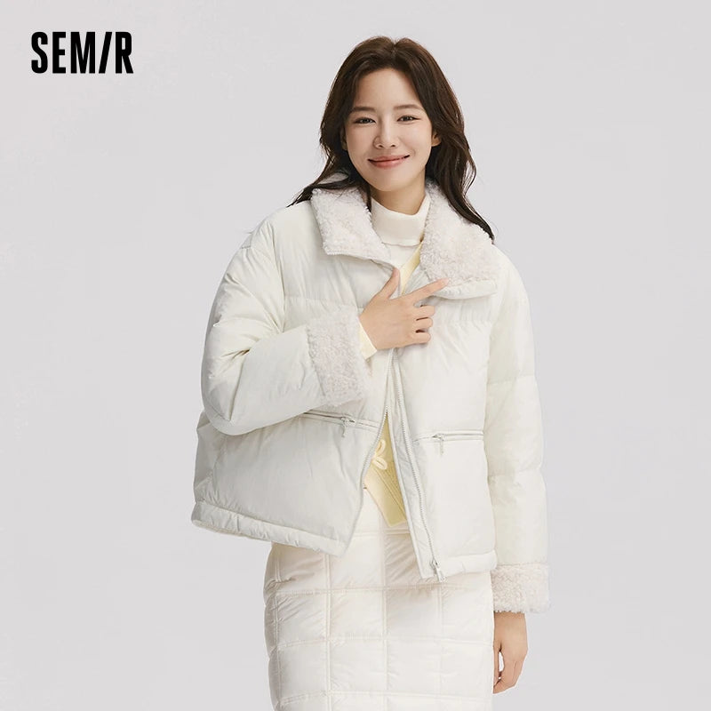 Down Jacket Women Loose Solid Color Winter Patchwork Imitation Lamb Wool Stand-Up Collar Textured