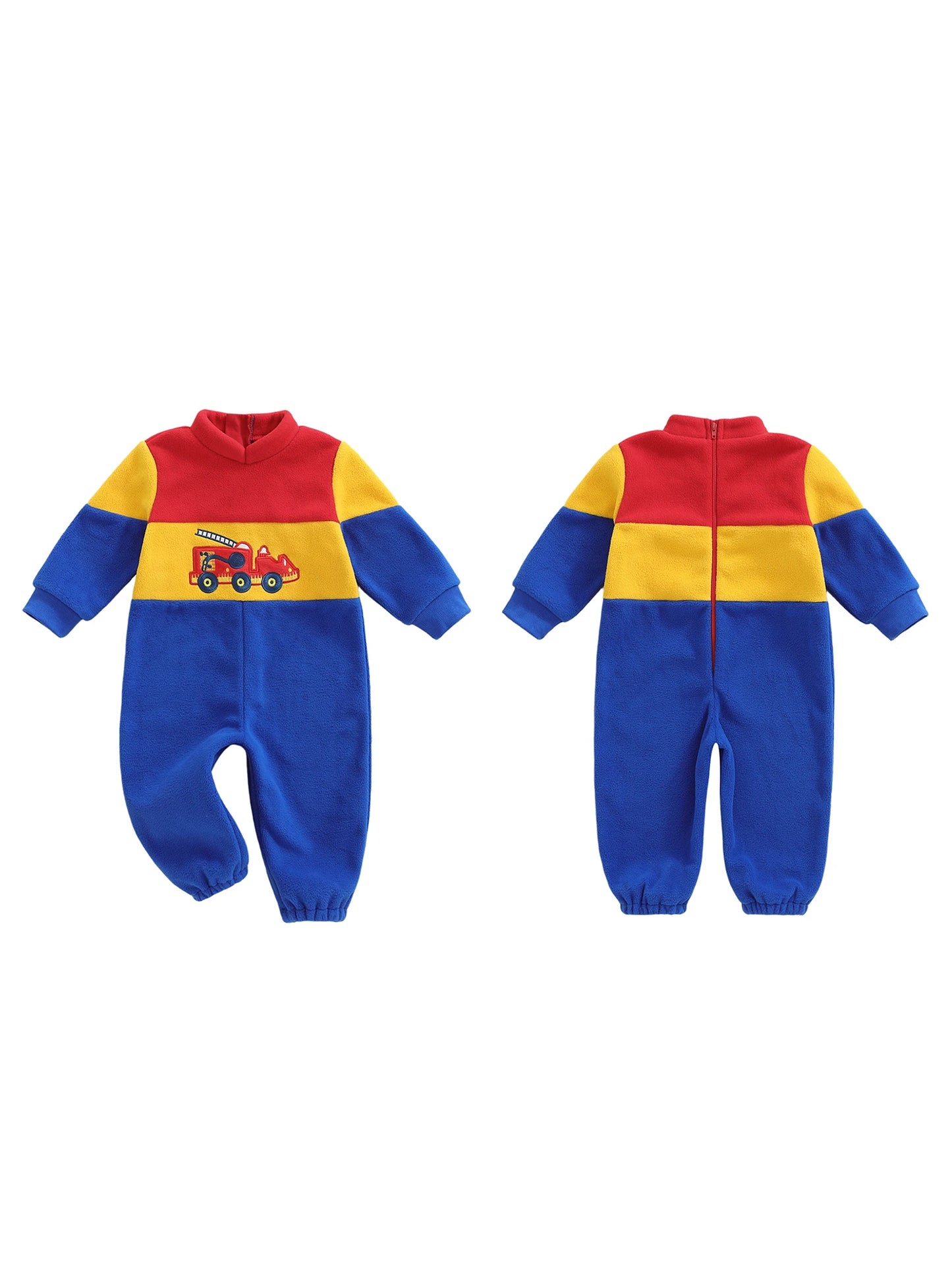 Infant Baby Boys Fall Winter Fleece Romper - Contrast Color Truck Embroidery Mock Neck Jumpsuit