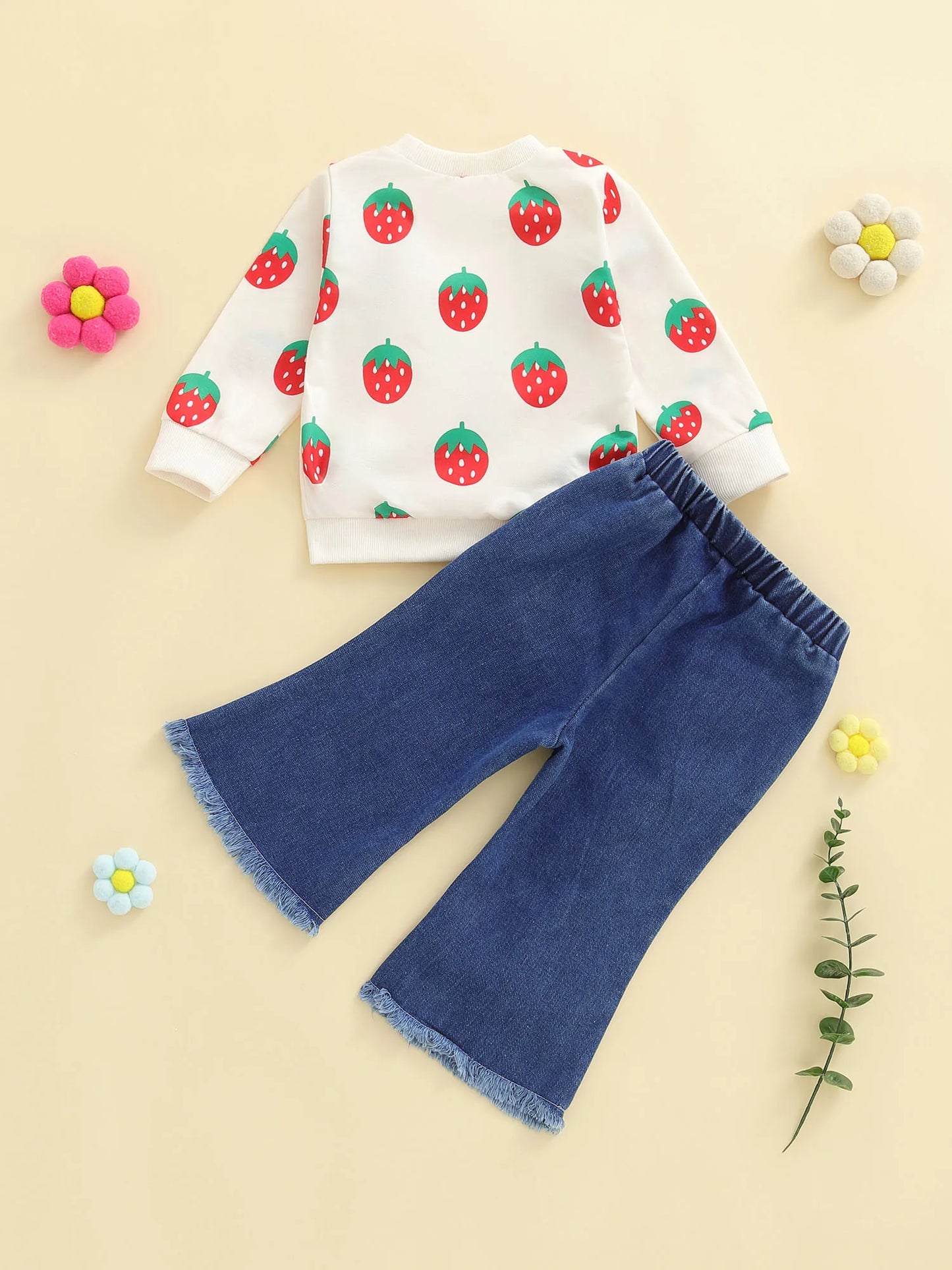 Kids Girls Fall Winter Clothes Set - 3D Strawberry Long Sleeve Pullover Top & Ripped Denim Flare Pants