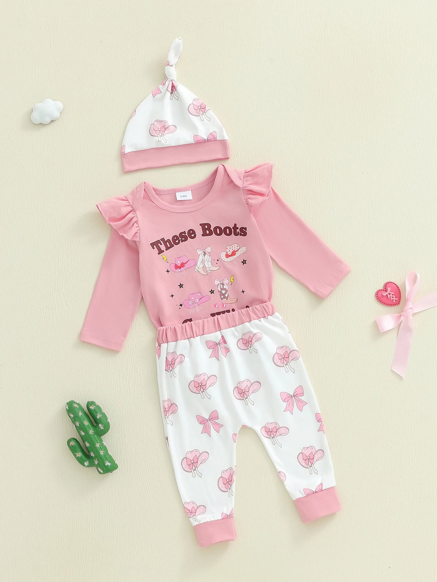 Baby Girls Western Fall Winter Clothes Set - Long Sleeve Boots Letters Print Romper with Bow Pants & Hat
