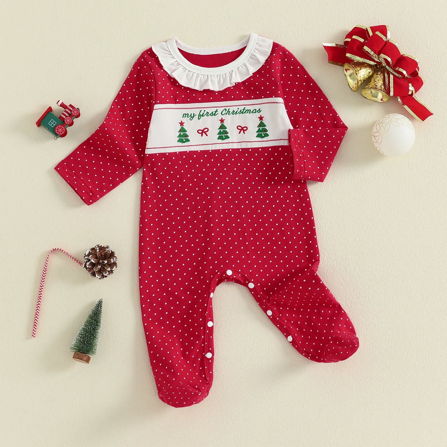 Newborn Baby Girls Christmas Footed Romper - Tree Embroidery Dot Print (0-12M)