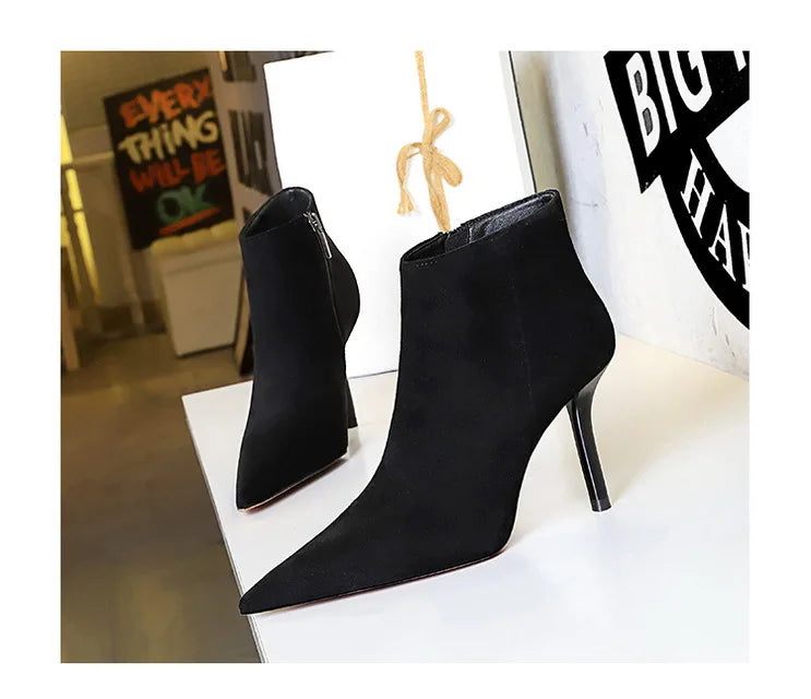 Black Suede Ankle Boots - Pointed Toe Stiletto Heels with Side Zipper