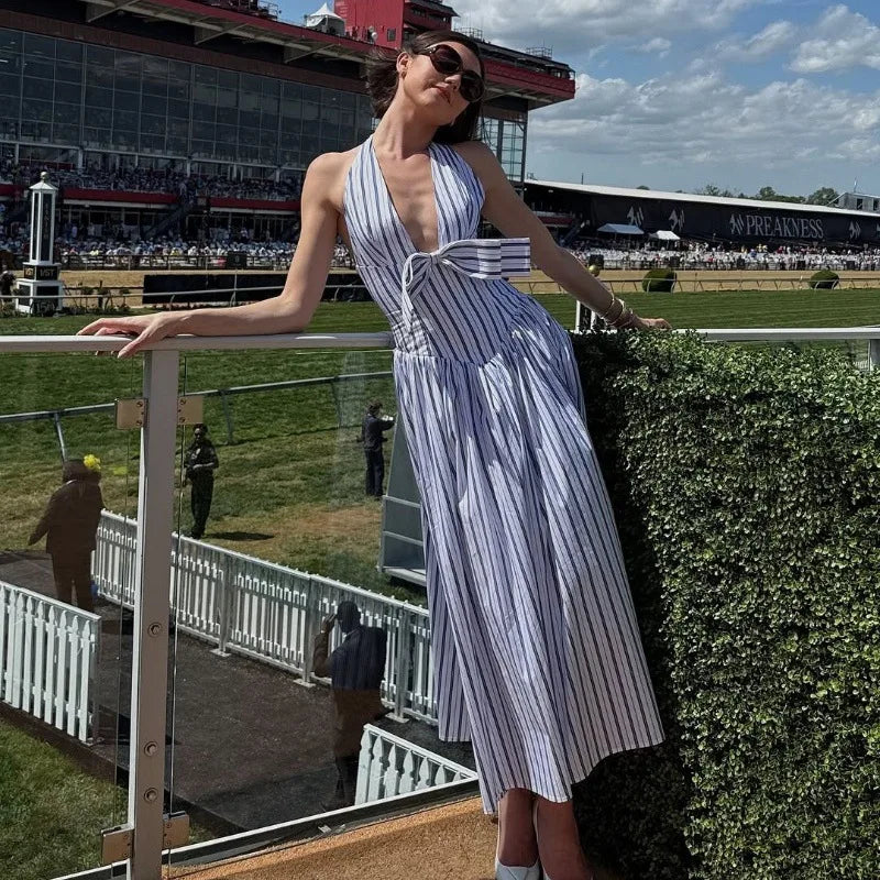 Women's Bow Detail V-Neck Halter Maxi Dress