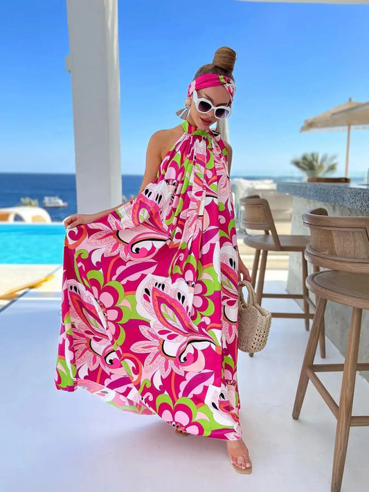 Women's Elegant Floral Printed Long Halter Beach Dress Loose Summer Bikini Cover Up