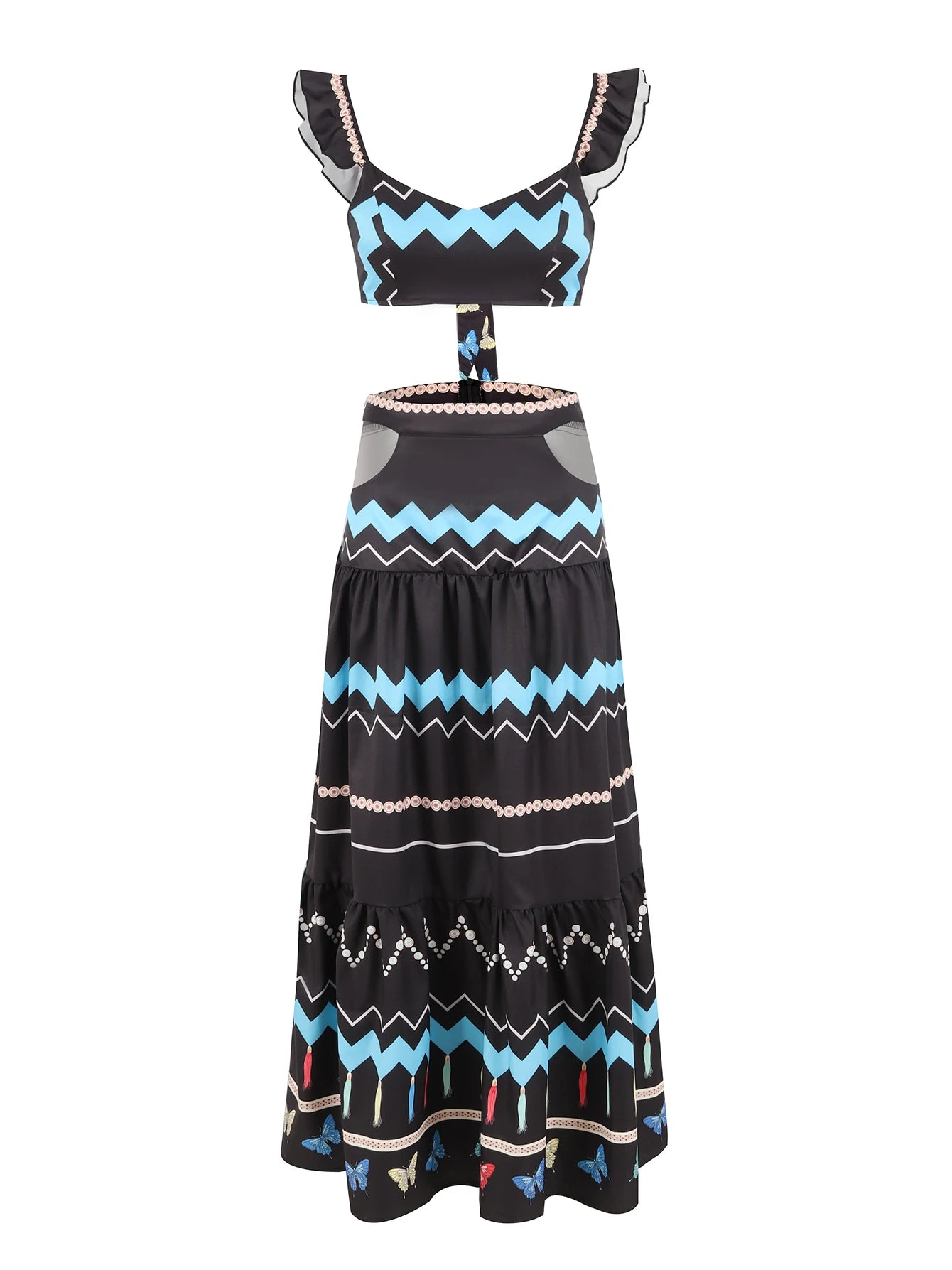 Women's Print Beach Two Piece Skirt White Bra High Waist A-line Long Skirt Beach Set