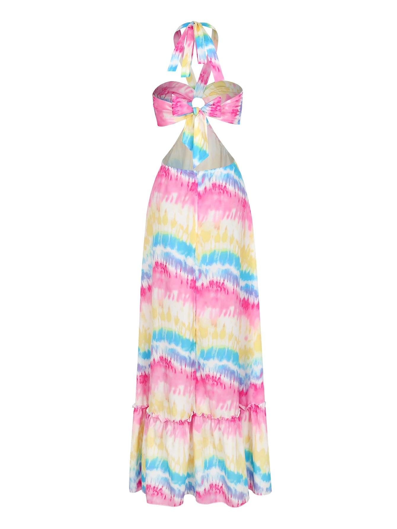 Women's Colourful Print Halter Tie Up Strapless Naked Waist A-line Maxi Summer Dress