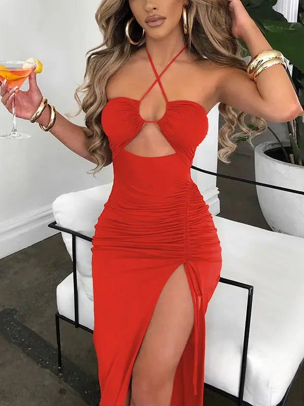 Women's Halter Backless Sleeveless Cut Out Maxi Elegant Party Slit Dress