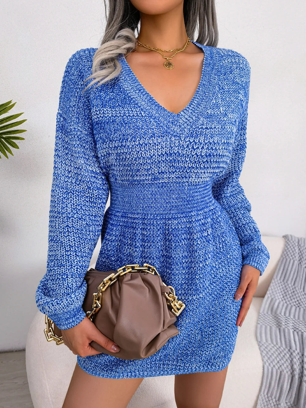 Women's Autumn Winter V Neck Lantern Sleeve Nipped High Waist Sweater Chic Knitted Dress