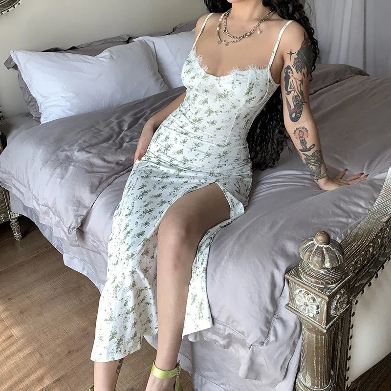 Women Lace Dress- Midi Backless Slit Summer Elegant Floral Dress