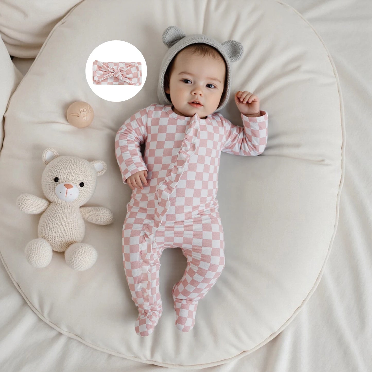 Newborn Baby Footie Set with Headband - Checkerboard Ruffled Zip Front Jumpsuit
