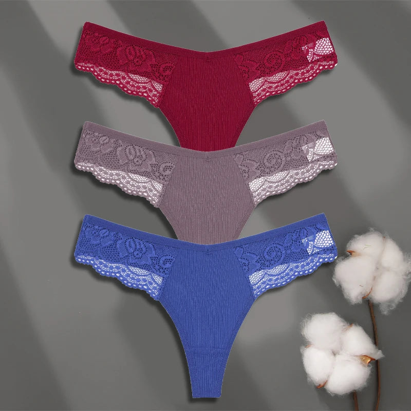 Cotton Lace Thongs - 3 Pack Low Waist Bikini Panties