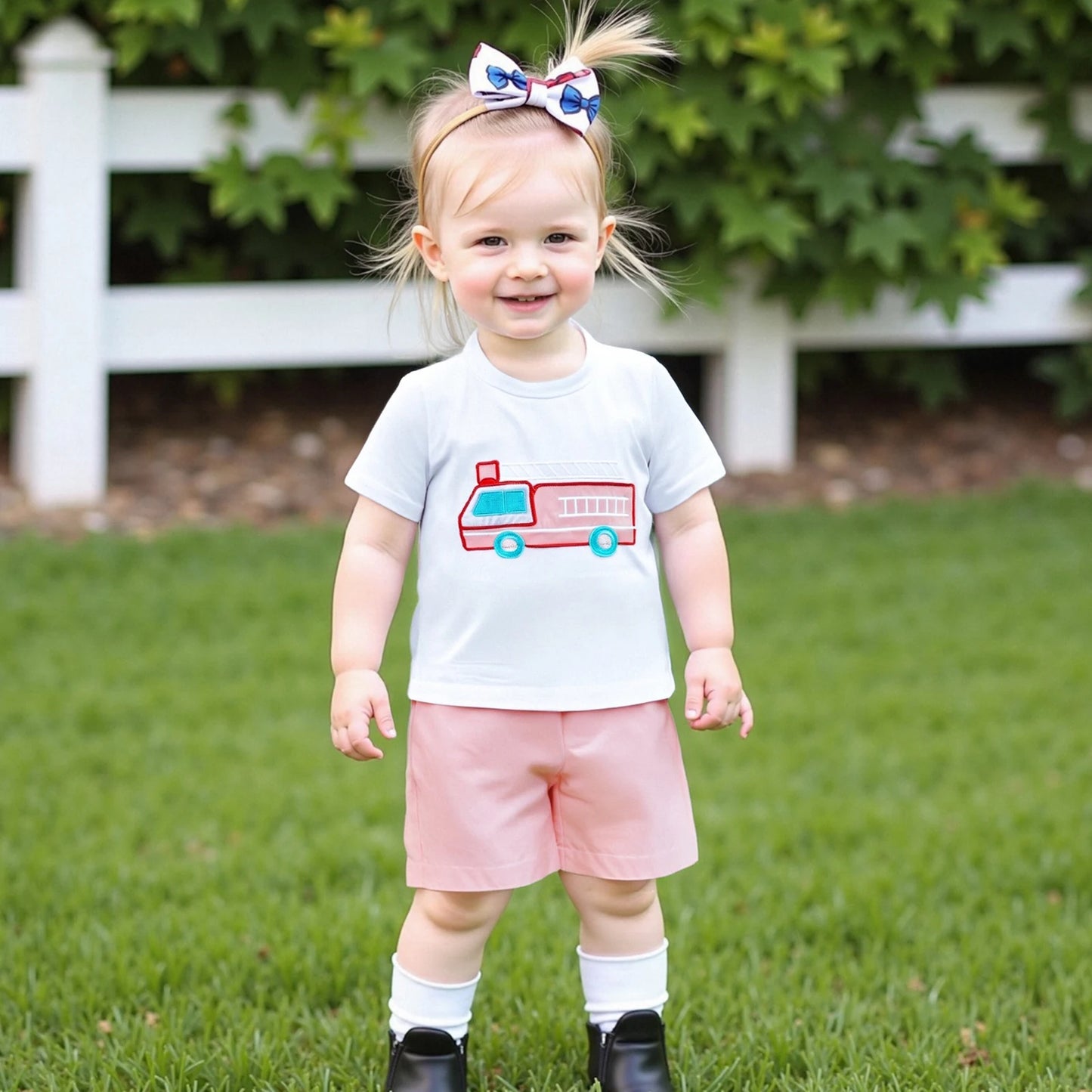0-4Y Kids Girls Boys Clothes Sets Flag/Car Embroidery Short Sleeves T-Shirt and Elastic Shorts