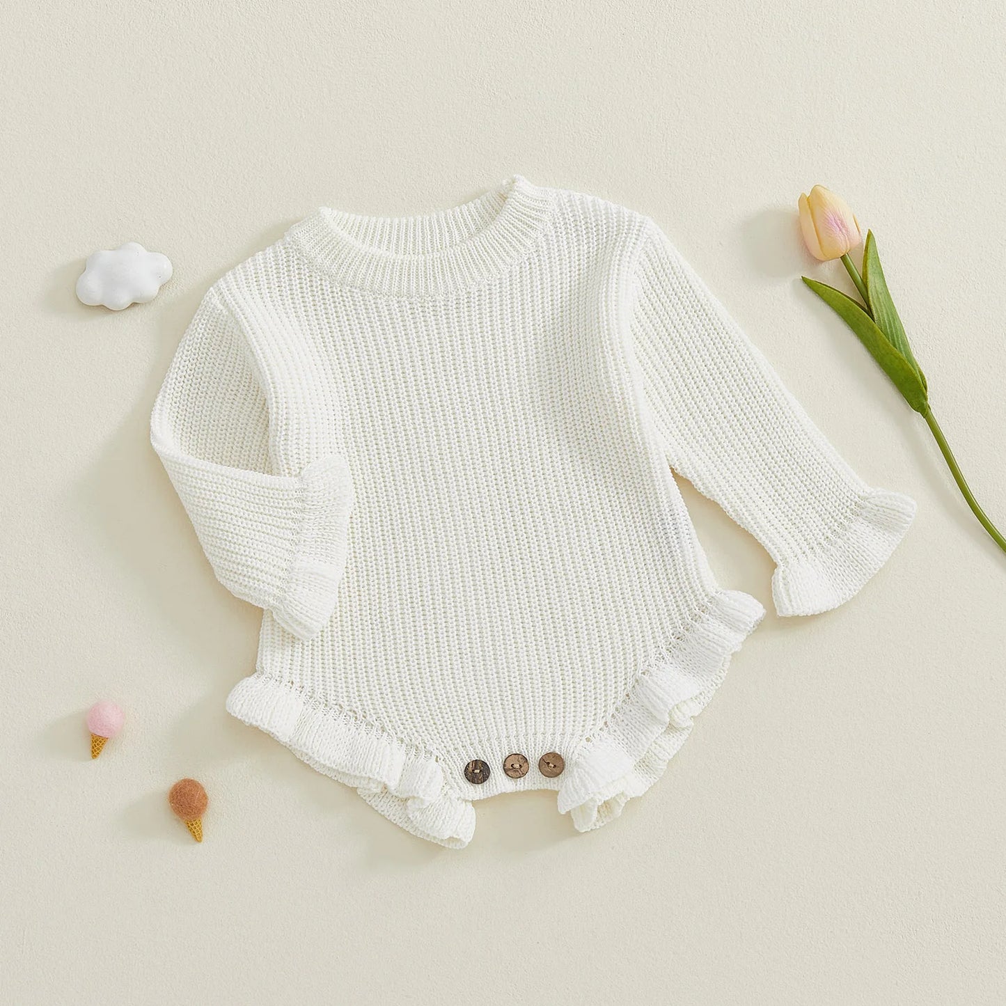 Newborn Baby Knit Romper - Long Sleeve Round Neck Ruffled Sweater Jumpsuit