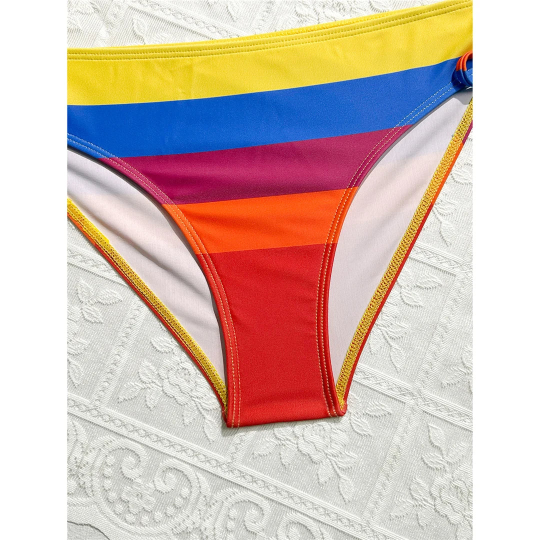 Women's Rainbow Striped Halter Straps Bikini Swimsuit Swimwear Two-pieces Bikini Set