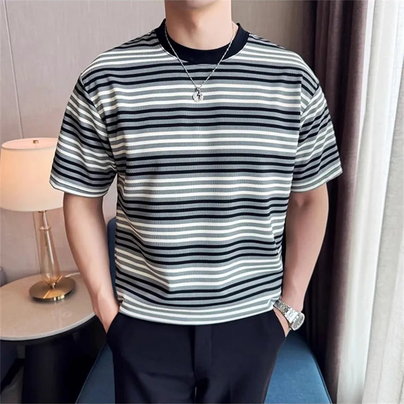 Men's Summer Striped Round-Neck Short Sleeve Casual Slim Fit T-Shirt