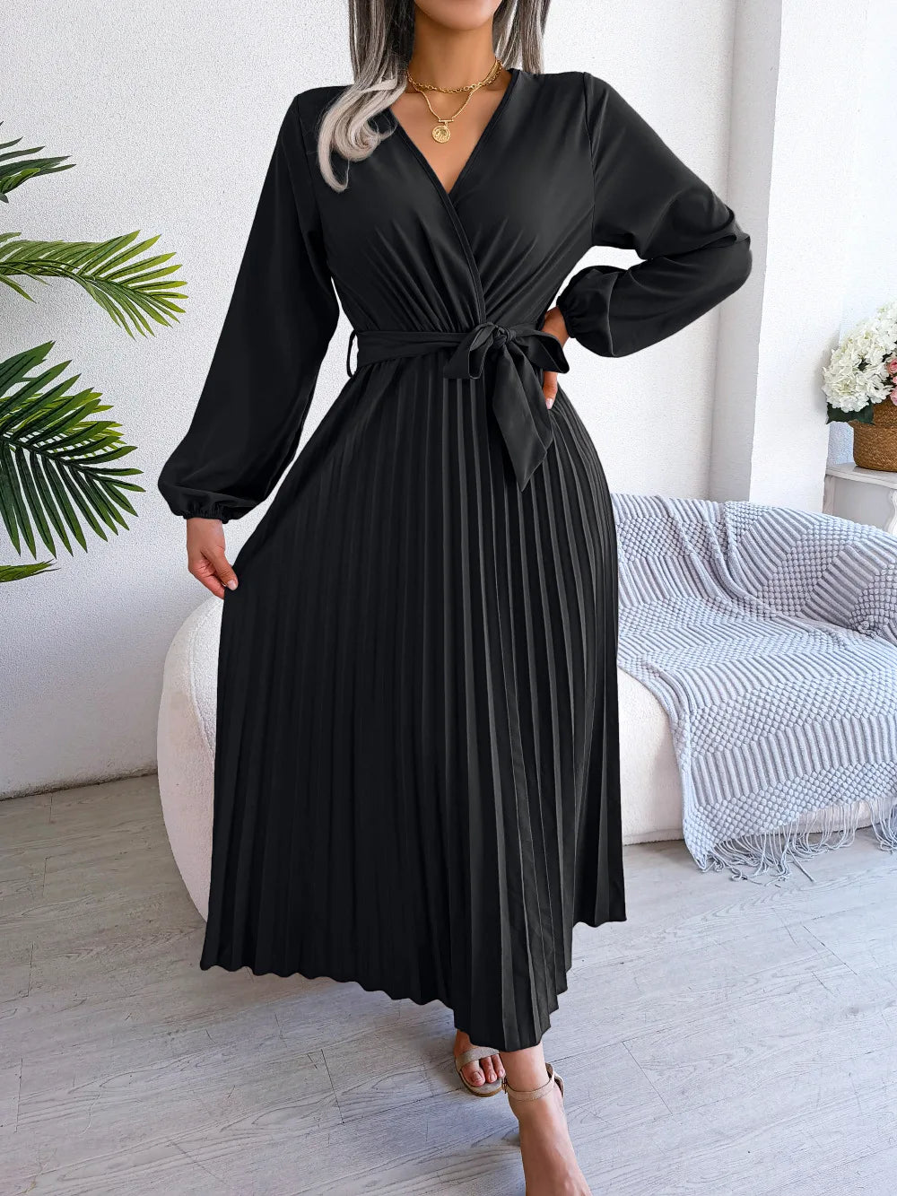 Women's Spring Summer Cross V Neck Large Hem Pleated Long Dress