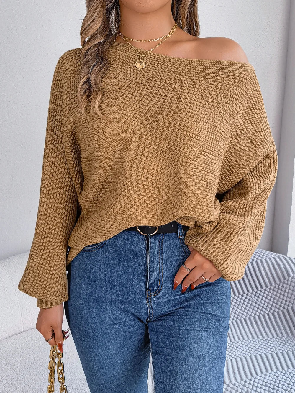 Women's Off the Shoulder Bat Sleeve Jumper - Stylish Winter Sweater