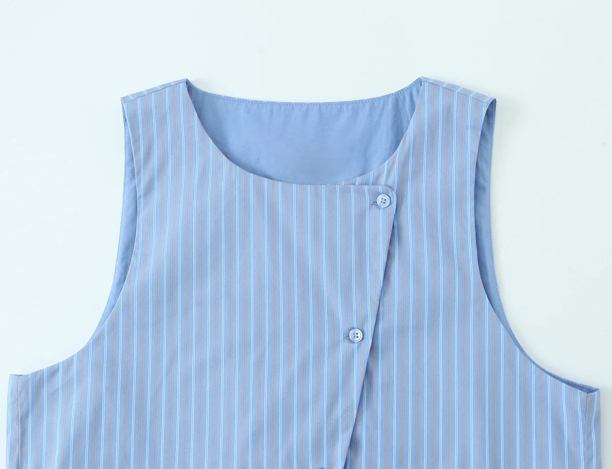 Women's Sense Niche Blue Striped Sleeveless Vest Loose Wide Leg Pants