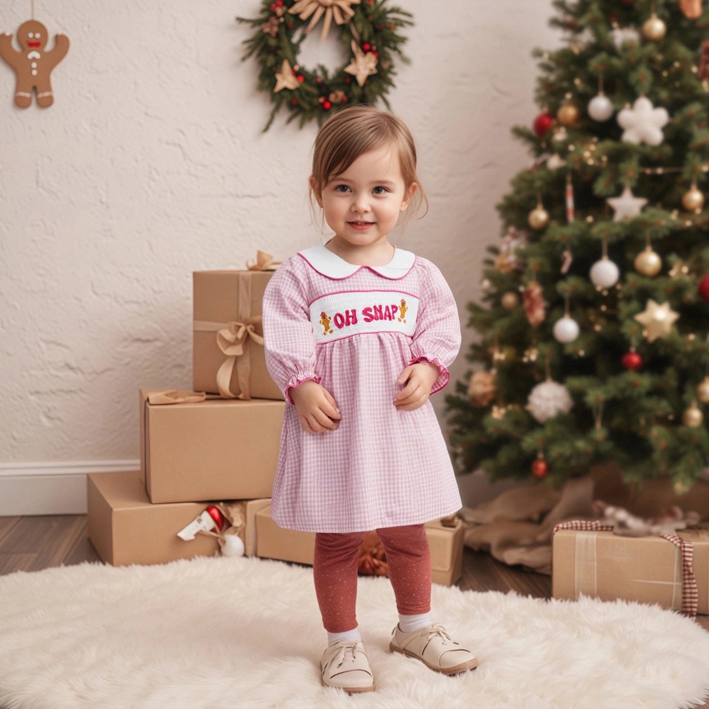 Lovely Girls Christmas Plaid Dress with Gingerbread Embroidery (1-6Y)
