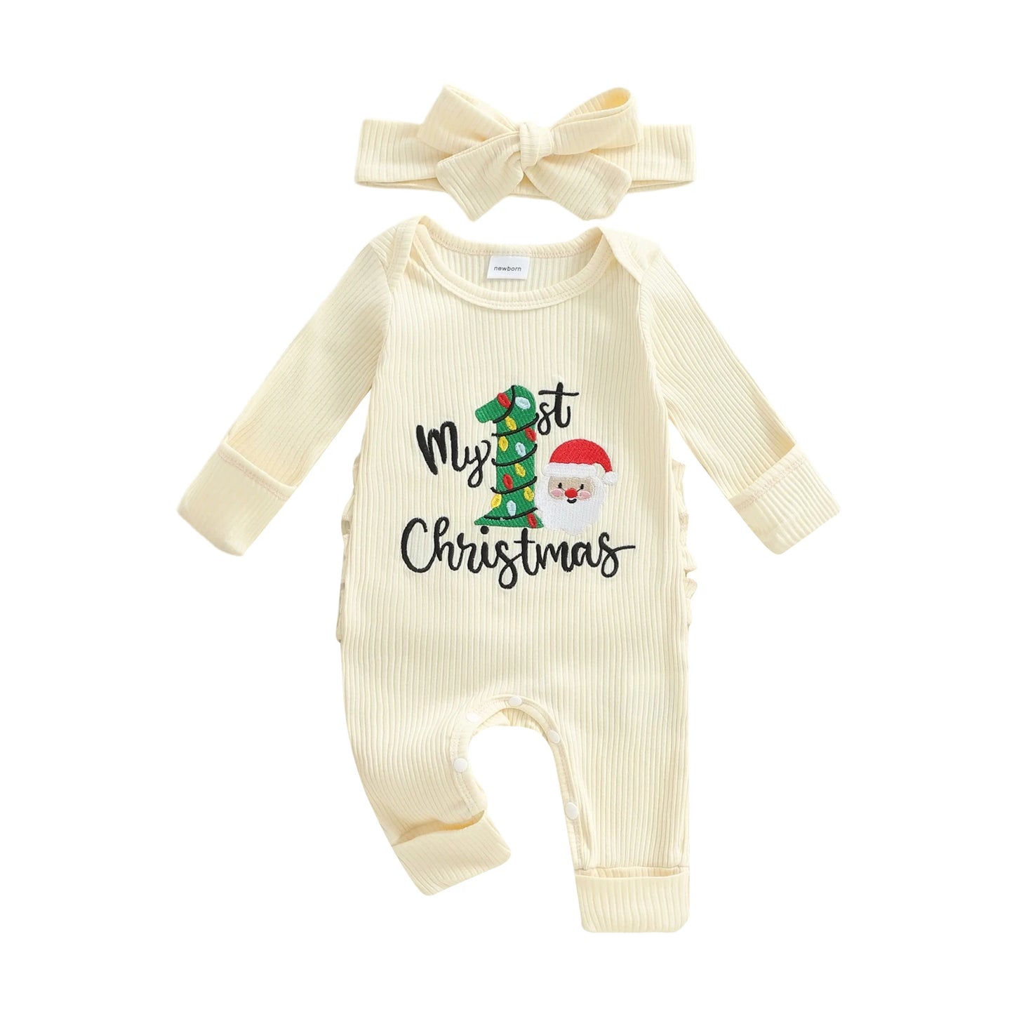 Newborn Baby Christmas Romper with Headband - Long Sleeve Xmas Tree Embroidery Jumpsuit