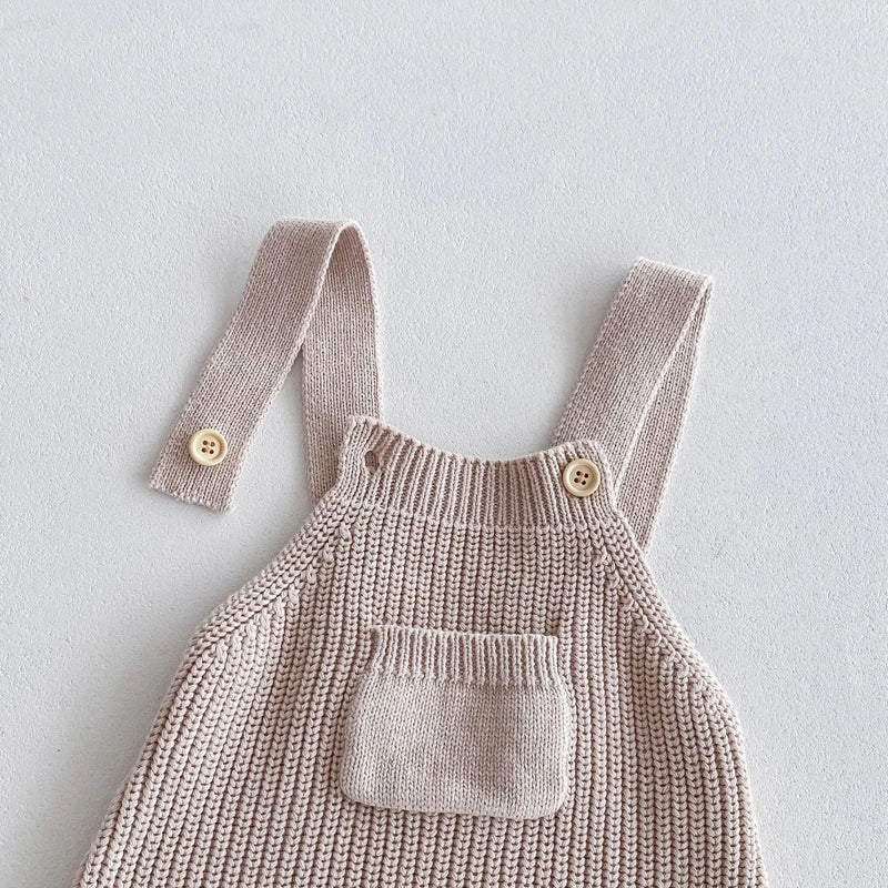 0-3Y Baby Boys Girls Overalls Jumpsuits Sleeveless Front Pocket Solid Colour Knitted Romper Outfit