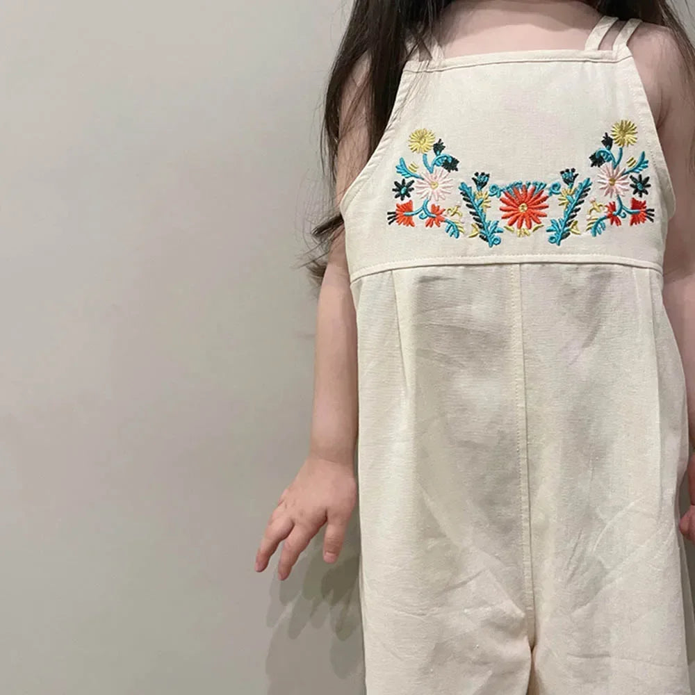 Girls Summer Overalls - Embroidered Flower Sling Cotton Pants