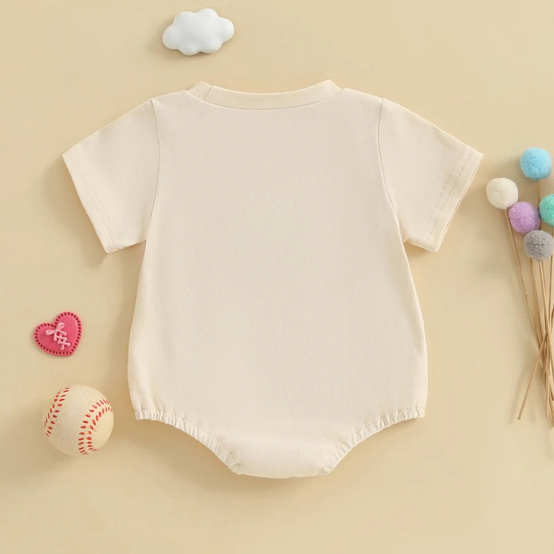 Baby Girls Boys Summer Romper Short Sleeve Round Neck Bow Baseball Embroidery Bodysuit Jumpsuit Babygrow