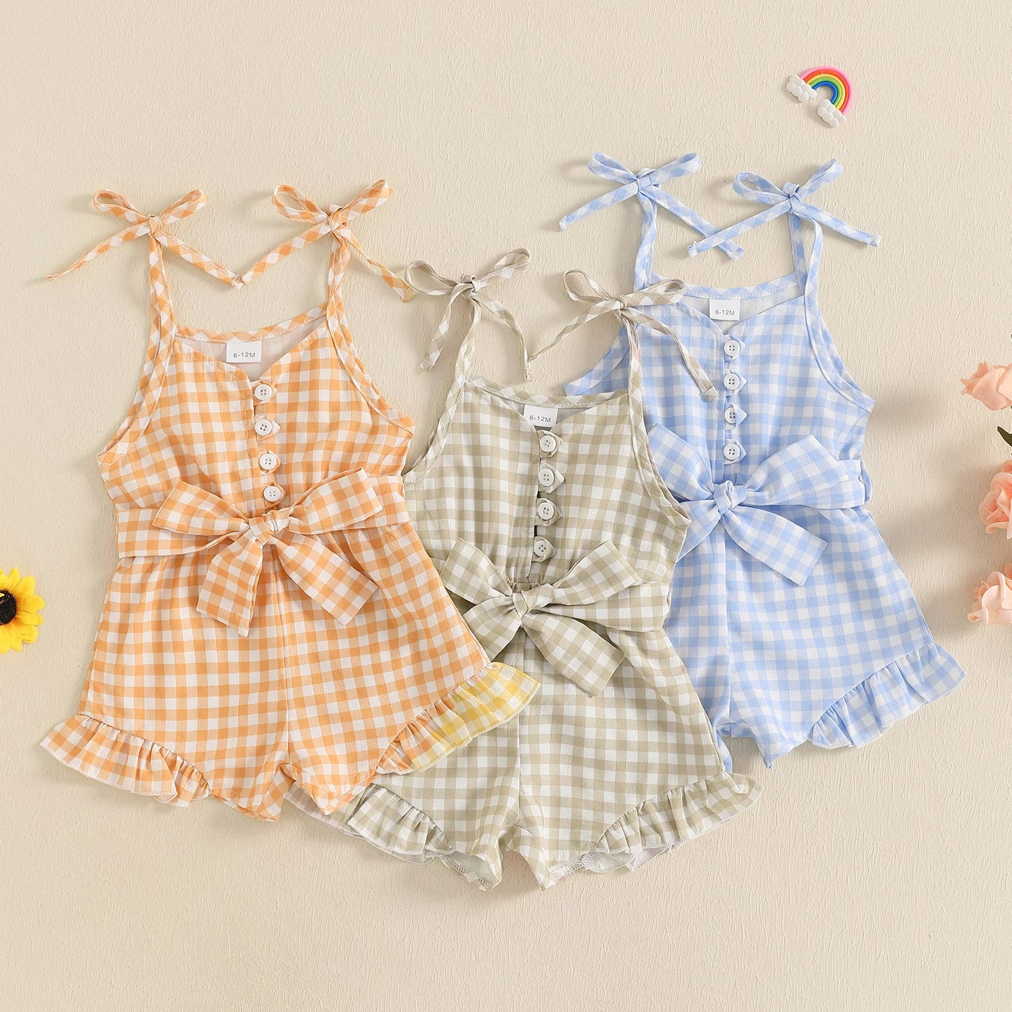 1-5Y Kids Girls Summer Jumpsuit Plaid Print Sleeveless Button Up Ruffle Trim Overalls with Belt