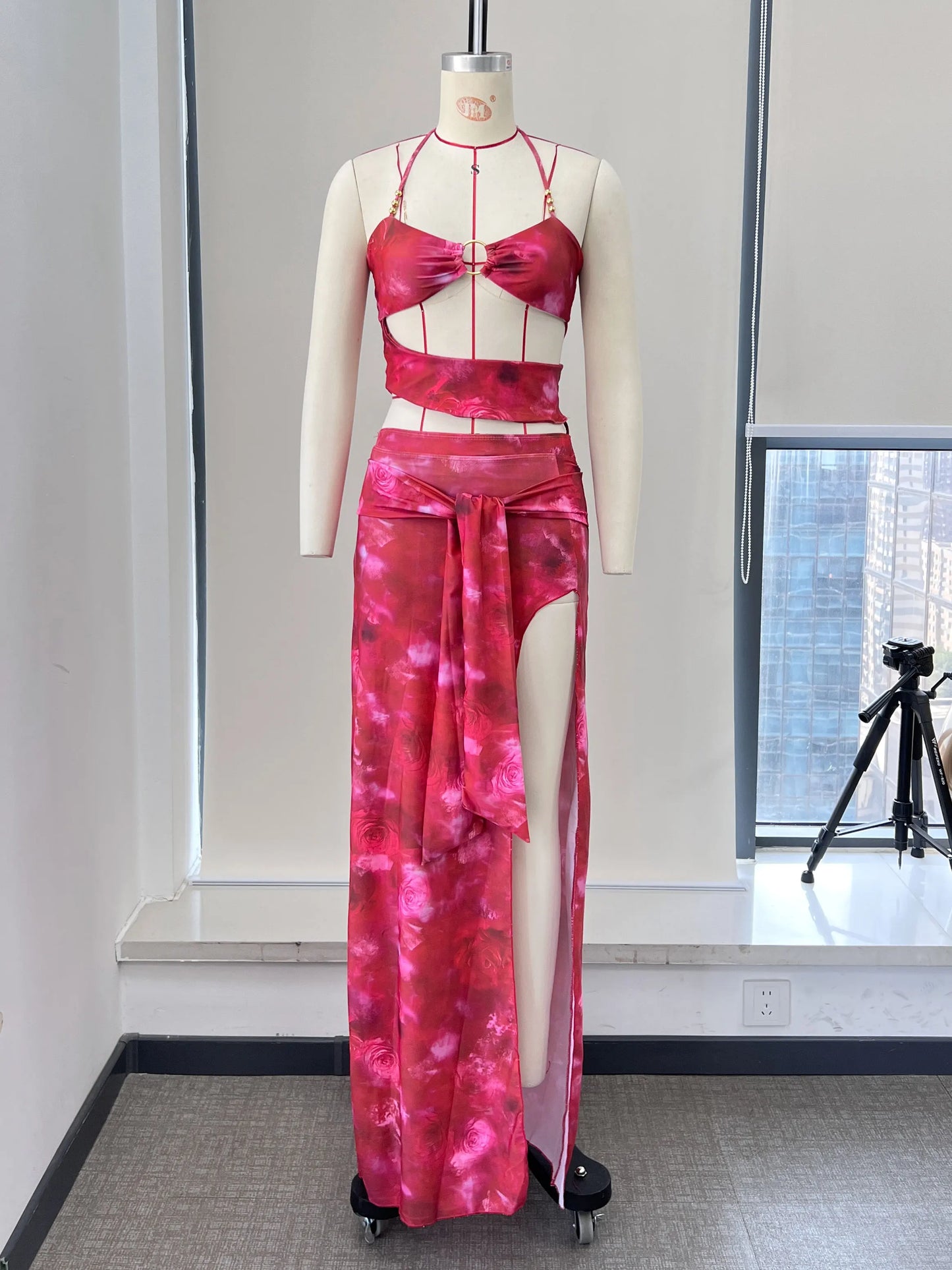 Women's Print Backless Swimwear with Skirt Women Slit Hollow Out Long Summer Bodycon Ruffles Dress