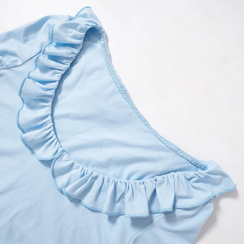 Women's Elegant Frill Ruffle Detail Flare Sleeve Tops Low Plunge Neck Slim Tie Back Cropped Top