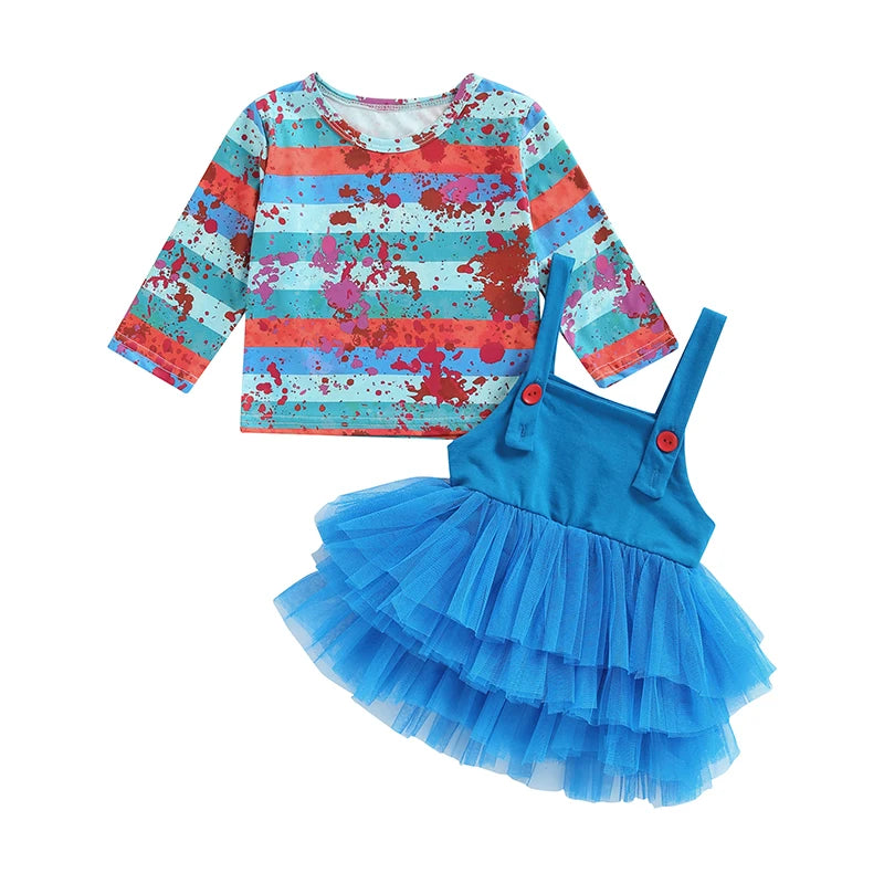 Girl's Halloween Outfit Set - Stripe Print Top & Lace Tulle Suspender Skirt