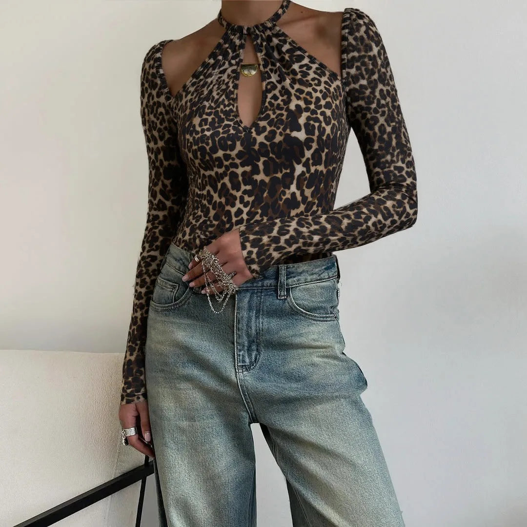 Women's Halter Lace Up Leopard Print Top - Long Sleeve Cut Out Cropped Streetwear