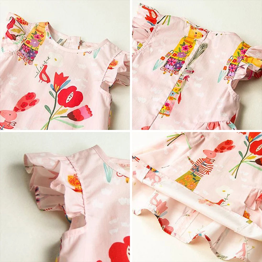 Girls' Round Neck Flying Sleeve Flower Print Dress