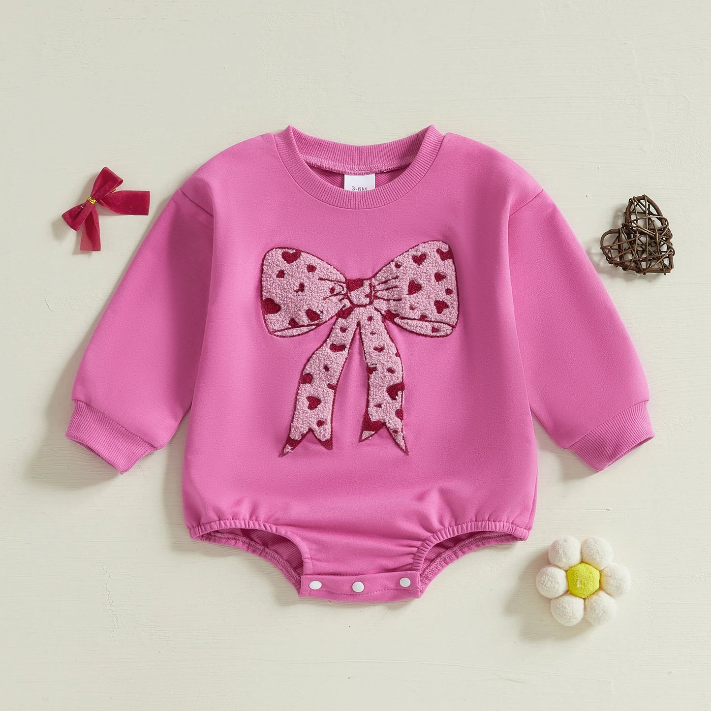 Children's 0-18M Baby Girls Bubble Romper Heart Bow Embroidery Long Sleeve Sweatshirt Jumpsuit
