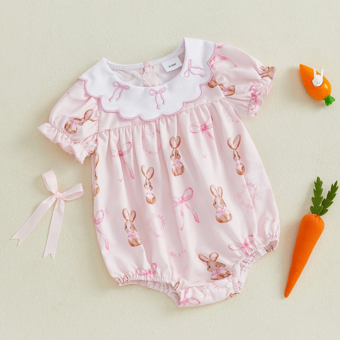 Easter Baby Girls Cute Romper - 3 Style Rabbit Bow Print Doll Collar Ruffle Short Sleeve Bodysuit (0-18M)
