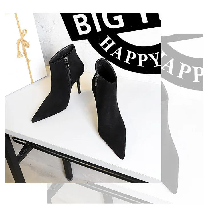 Black Suede Ankle Boots - Pointed Toe Stiletto Heels with Side Zipper
